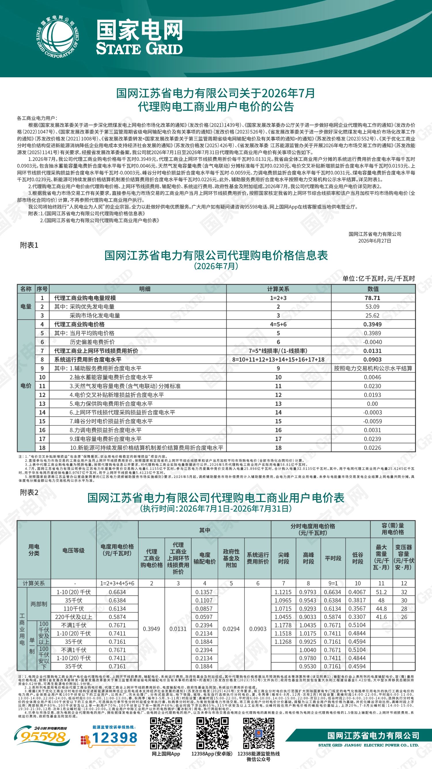 国网江苏省电力有限公司关于2026年7月代理购电工商业用户电价的公告