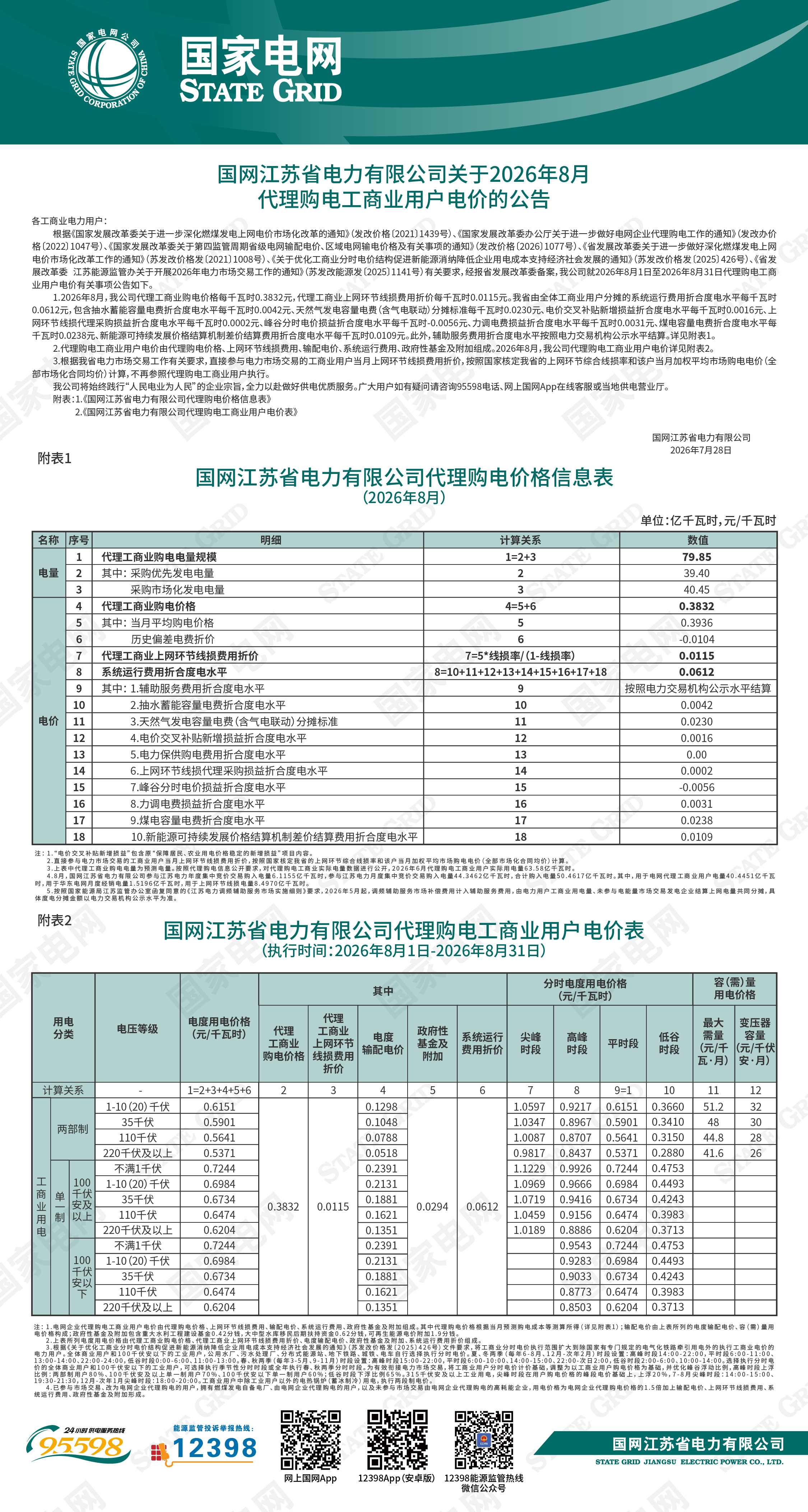国网江苏省电力有限公司关于2026年8月代理购电工商业用户电价的公告