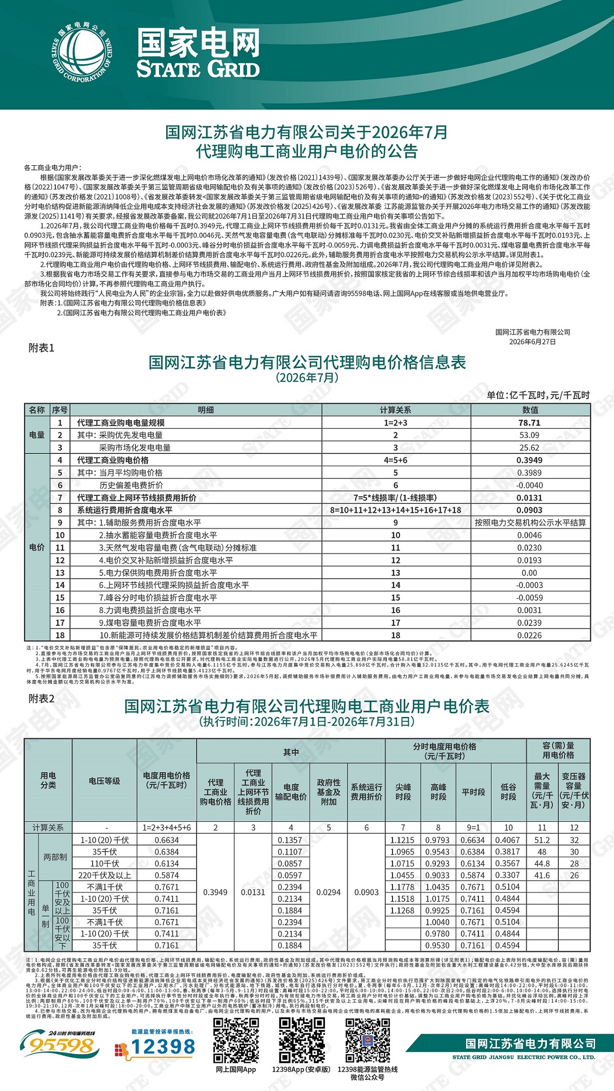 国网江苏省电力有限公司关于2026年7月代理购电工商业用户电价的公告
