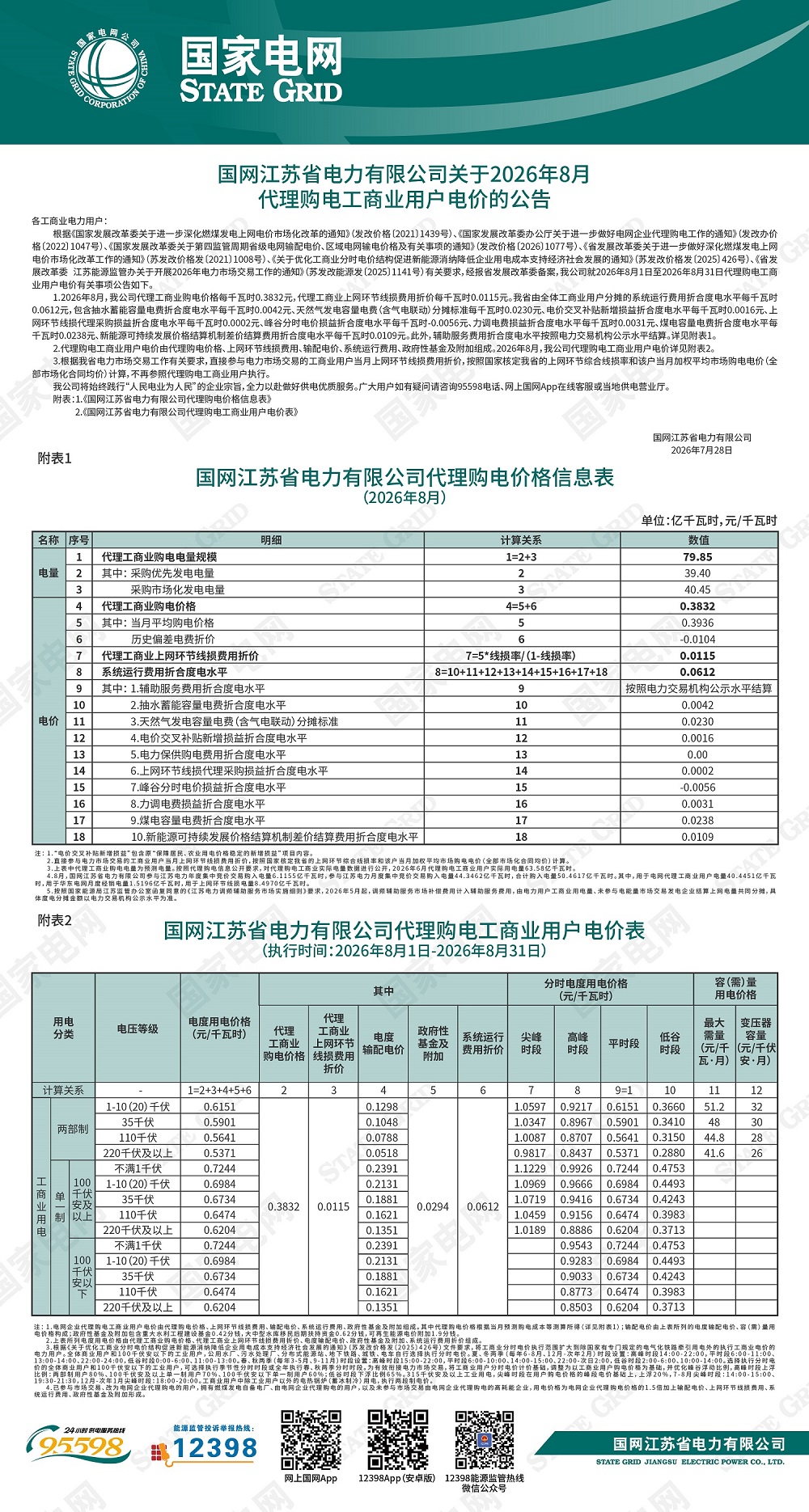 国网江苏省电力有限公司关于2026年8月代理购电工商业用户电价的公告