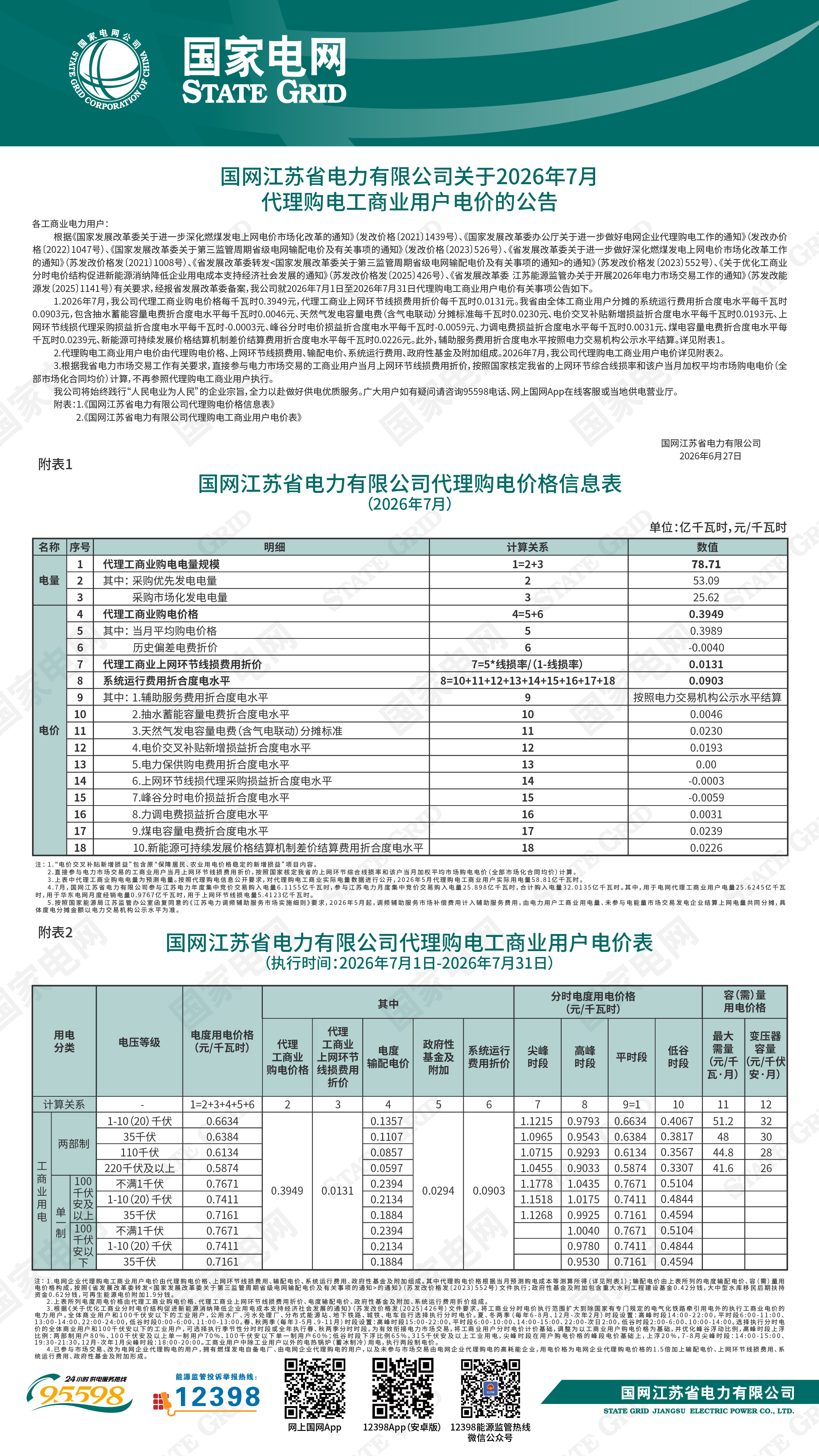 国网江苏省电力有限公司关于2026年7月代理购电工商业用户电价的公告